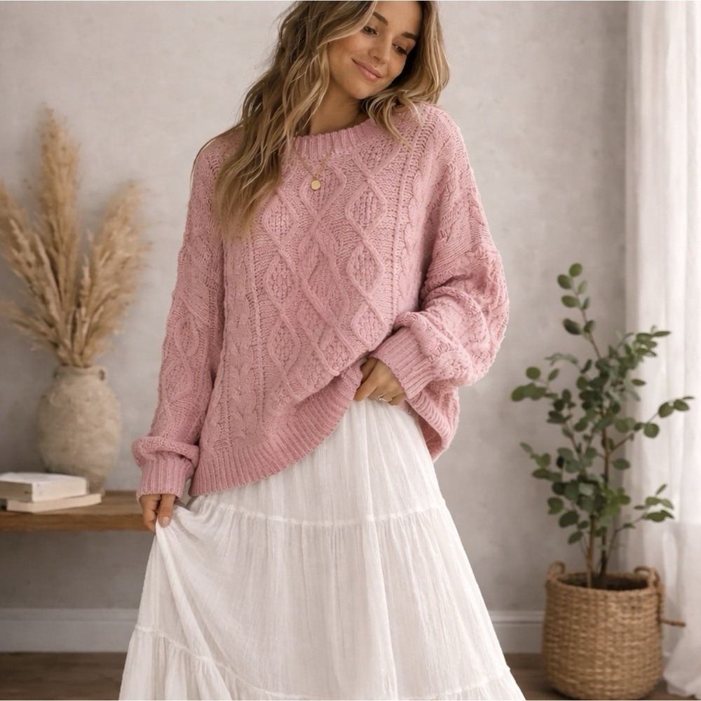 NWT Simply Couture Womens Plus 1XL Cable Knit Sweater Pink Crew Neck Oversized